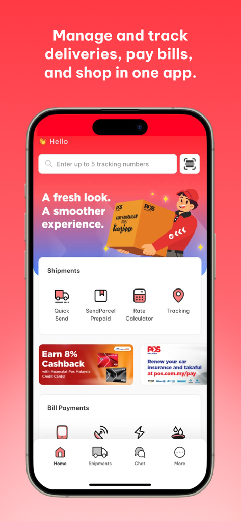 Pos Malaysia - Pos Malaysiaモバイルアプリのインターフェース。小包の追跡、出荷、請求書の支払い機能が表示されています。