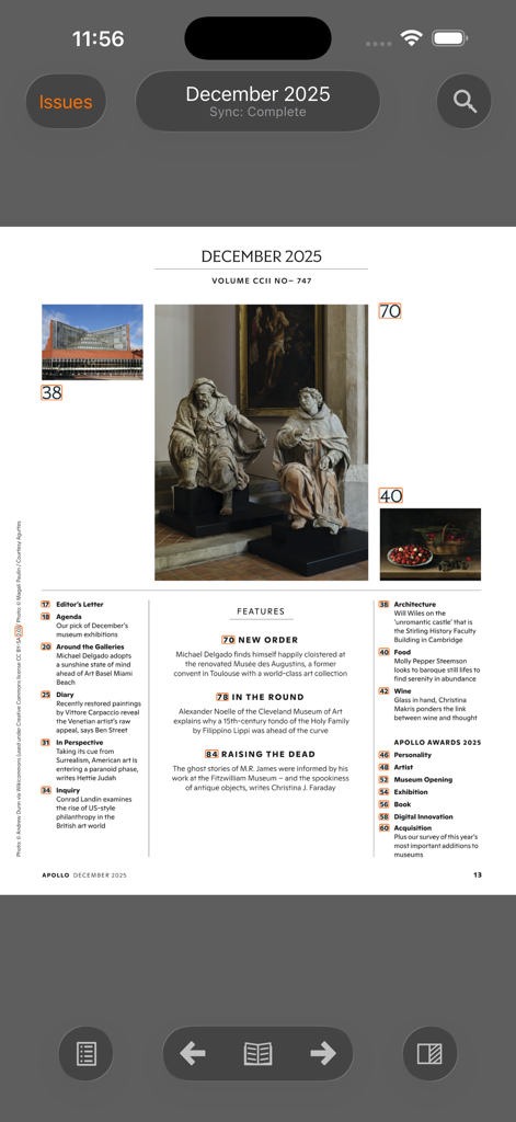 Apollo - Legacy app - Table of contents for the December 2025 issue of Apollo magazine.