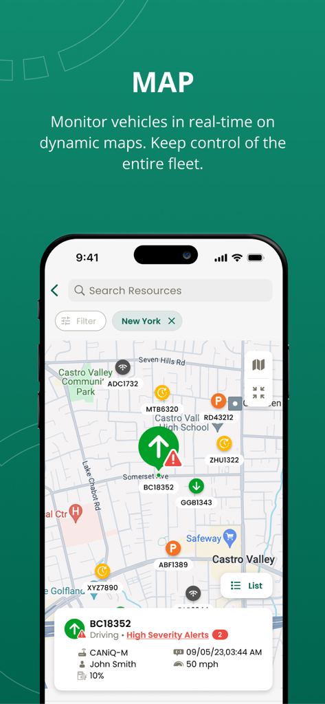 Powerfleet Manager - Powerfleet Manager app interface showing real-time vehicle locations and status alerts on a dynamic map.