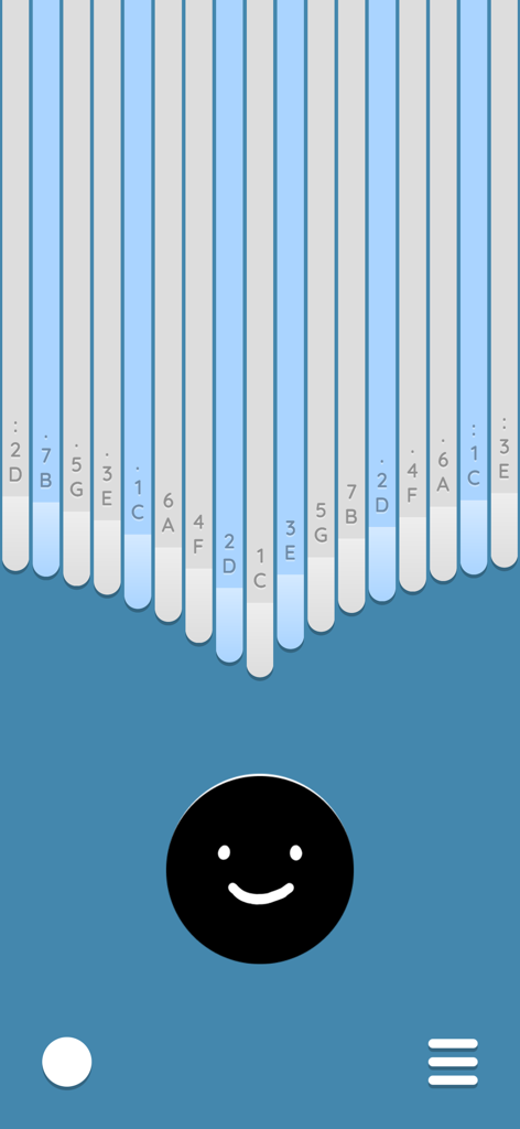A digital kalimba interface with blue and white keys and a minimalist smiley face icon in the Keylimba app.
