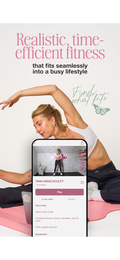GGStudio - GGStudio app interface showing a 7-minute arm sculpt workout with an instructor performing a stretch on a yoga mat.