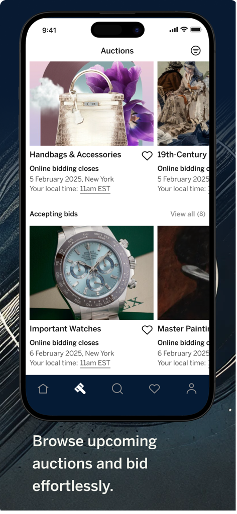 Sotheby's - 럭셔리 경매 목록을 보여주는 소더비 앱 인터페이스