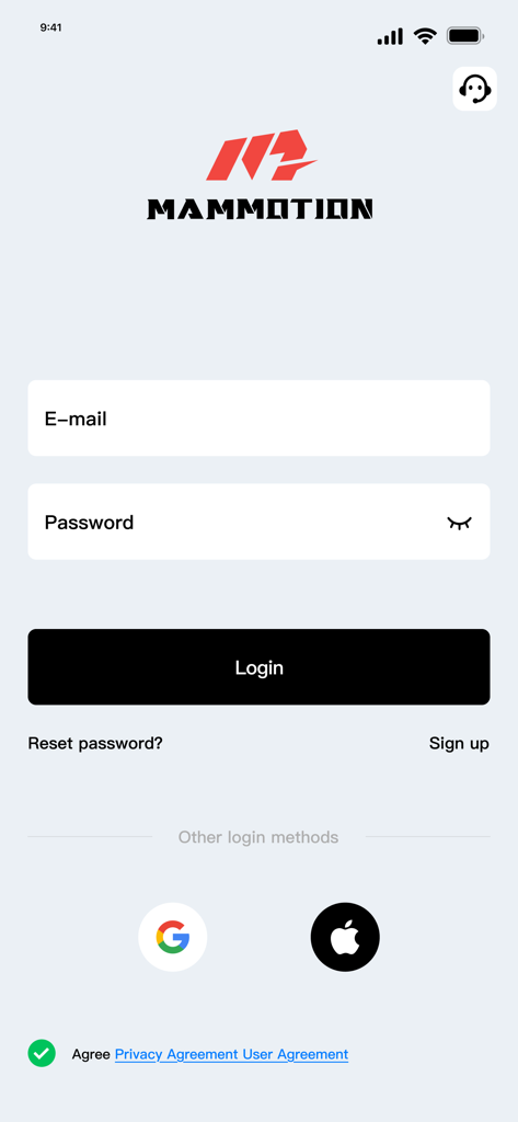 Mammotion - Login screen for the Mammotion lawn mower app with social sign in options