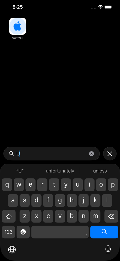 shortcut-website shortcuts - Función de búsqueda inteligente en la aplicación shortcut-website shortcuts con un teclado de iOS y un resultado de búsqueda para SwiftUI.