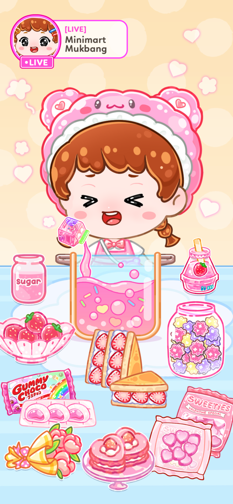 핑크색 곰 모자를 쓴 귀여운 만화 소녀가 핑크색 딸기 디저트로 둘러싸인 미니마트 먹방 라이브스트림을 진행하고 있는 모습.