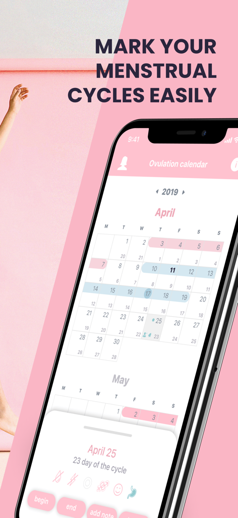 Un smartphone affichant un calendrier mensuel de suivi des règles et de la fertilité avec des jours de cycle mis en évidence.