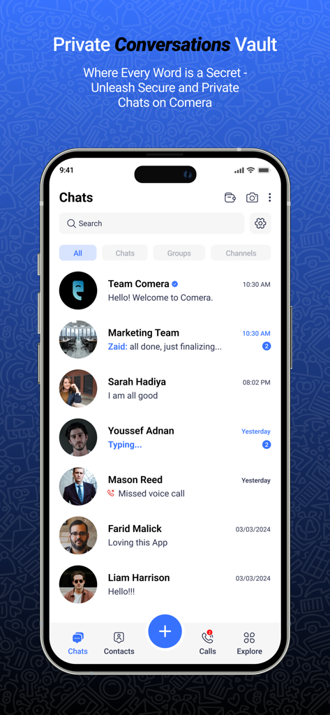 Comera - A screenshot of the Comera messaging app showing the private chats interface on an iPhone