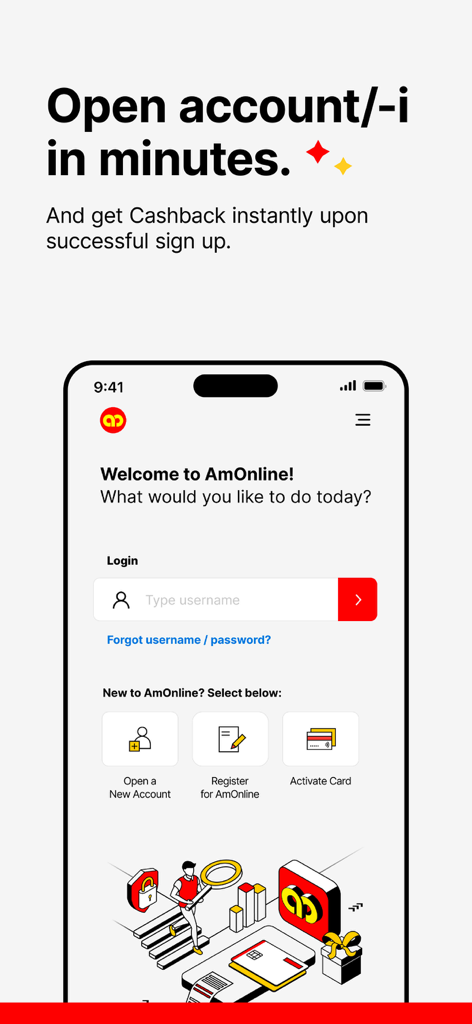AmOnline mobile app login screen featuring options to open a new account and receive cashback.