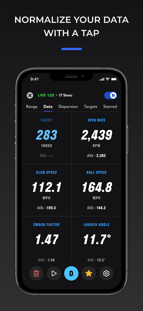 Full Swing - Eine mobile Oberfläche der Full Swing App, die Golfschlag-Kennzahlen wie Carry-Distanz, Spin-Rate und Ballgeschwindigkeit anzeigt