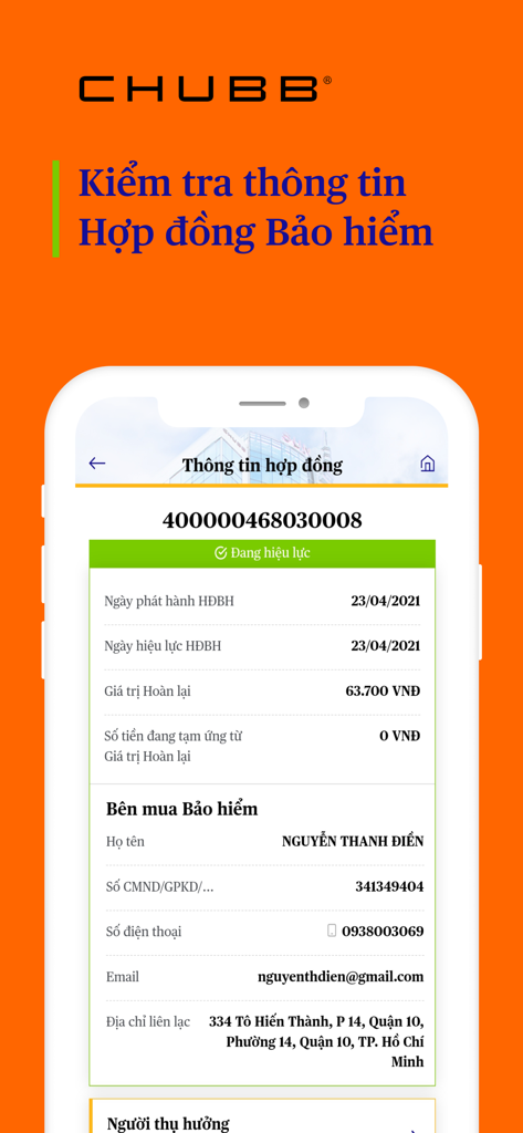 CHUBB eConnect - A mobile screen from the Chubb eConnect app displaying insurance policy details and customer information in Vietnamese.