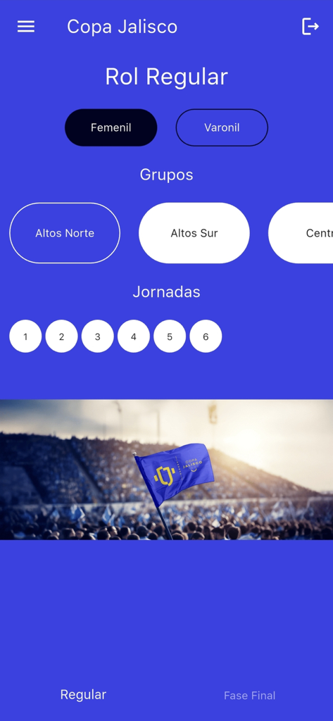 Copa Jalisco - Copa Jalisco app interface showing the regular season schedule, groups, and match rounds.