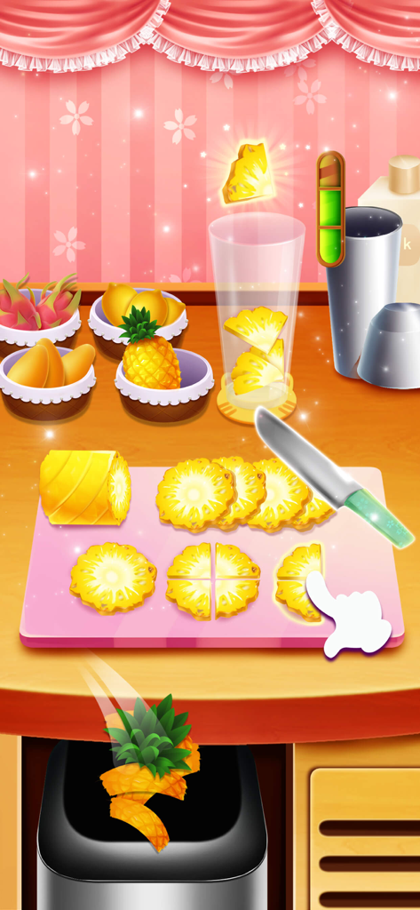 Colorful Bubble Tea Shop - Gameplay of Colorful Bubble Tea Shop showing a player slicing a pineapple on a pink cutting board to prepare a drink.