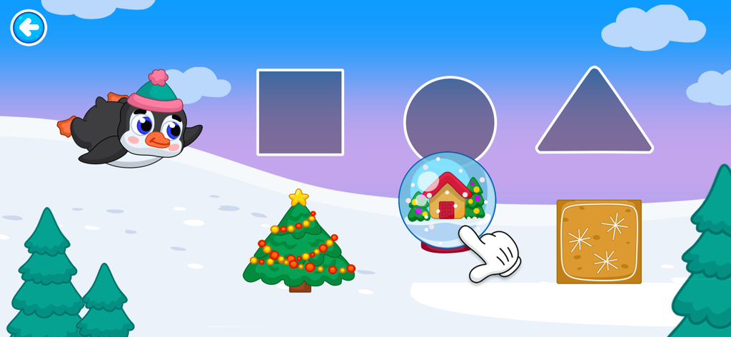 Kids Logic Quest - Toddler sorting a snow globe into a circle shape in a winter-themed logic game
