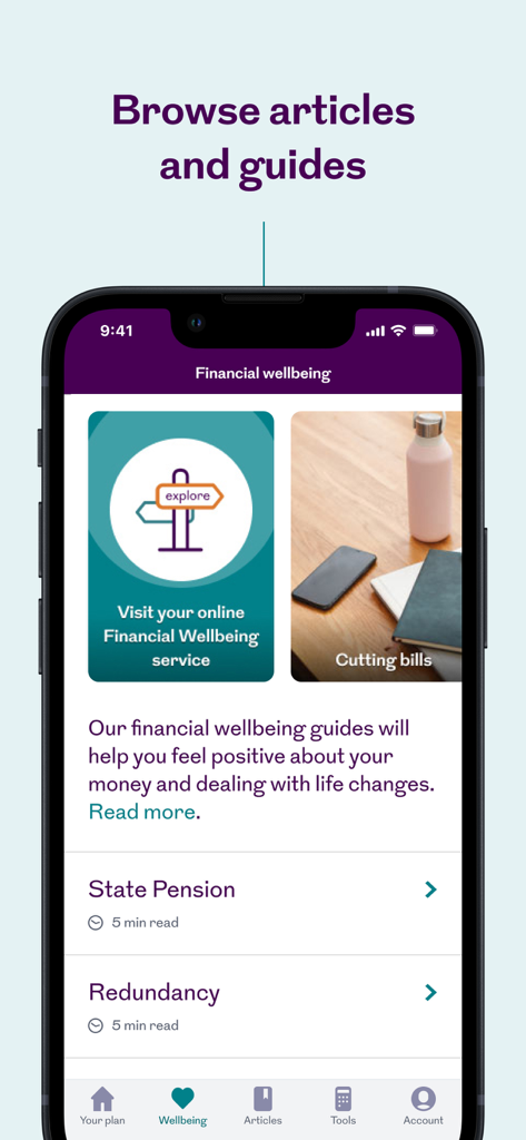 Royal London - A screenshot of the Royal London app showing financial wellbeing articles and guides.
