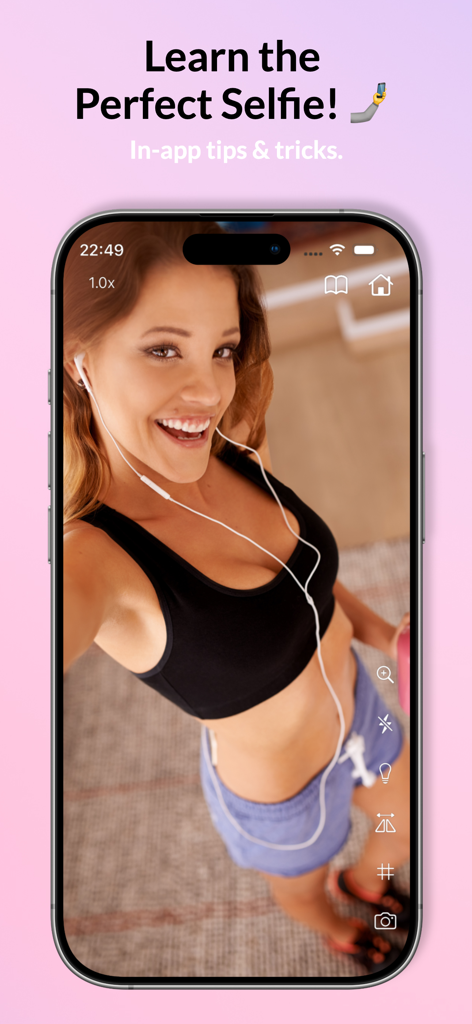 Pocket Mirror: HD Light & Zoom - iPhone-Bildschirm zeigt die Pocket Mirror App mit einer lächelnden Frau und Text über das Erlernen des perfekten Selfies mit In-App-Tipps und Tricks