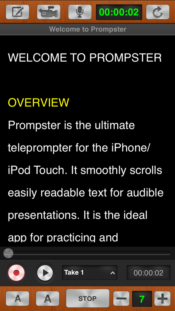 Prompster Pro™ - Teleprompter - Interfaz de la aplicación teleprompter Prompster Pro mostrando texto de guion y controles de grabación
