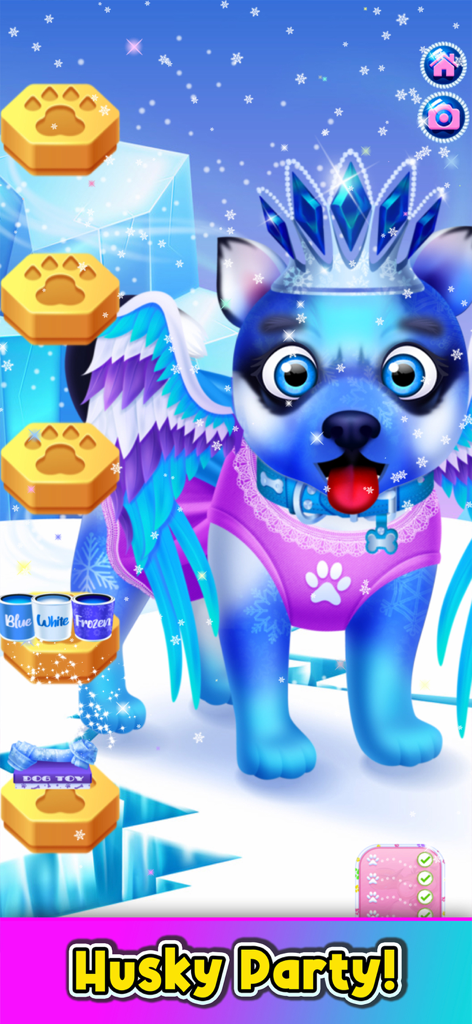 Pet Games: Rainbow Unicorn - Um husky azul com uma coroa de princesa e asas em uma cena de jogo de transformação de inverno nevado.