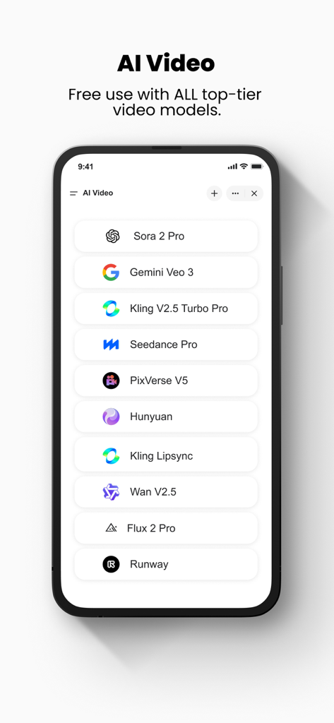 Genspark AI Workspaceのモバイル画面。Sora 2 Pro、Gemini Veo 3などのトップティアAIビデオモデルのリストが表示されています。