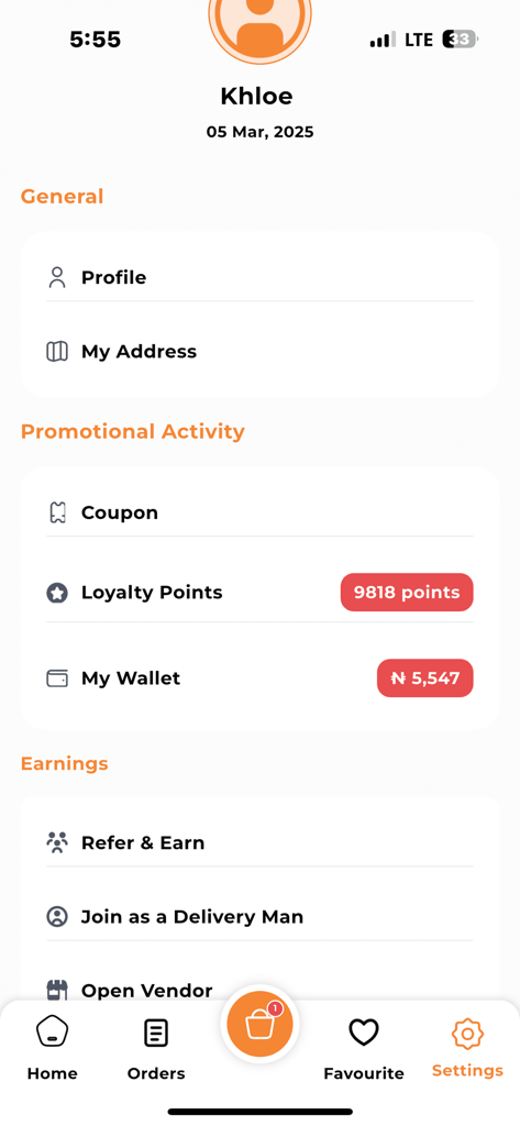 Wakafoods - Wakafoods app user profile settings screen showing wallet balance and loyalty points