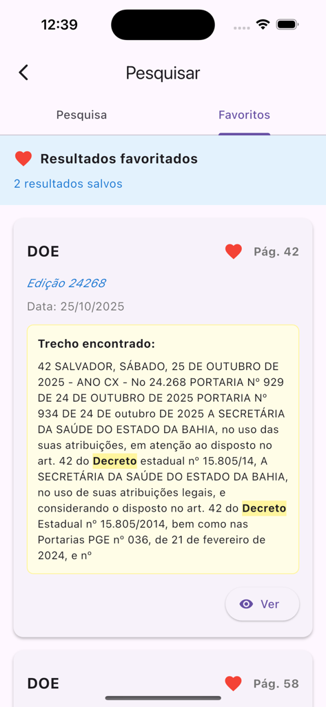 EGBA - Imprensa Oficial - Interfaz de la aplicación EGBA que muestra una lista de resultados de búsqueda favoritos del Boletín Oficial de Bahía