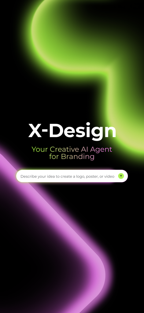 X-Design - Al Branding Agent - X-Design app home screen featuring a creative AI agent prompt for branding logos and posters with a vibrant abstract glow background