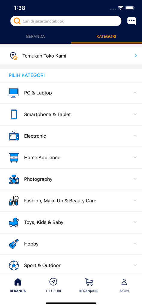 Jakarta Notebook - Jakarta Notebook mobile app screen showing shopping categories like electronics and home appliances