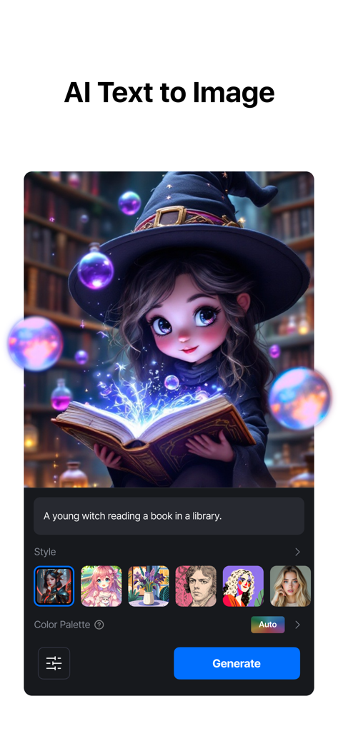 Interface do VN Editor de Vídeo com IA mostrando o recurso de geração de texto para imagem com um comando para uma jovem bruxa lendo um livro.