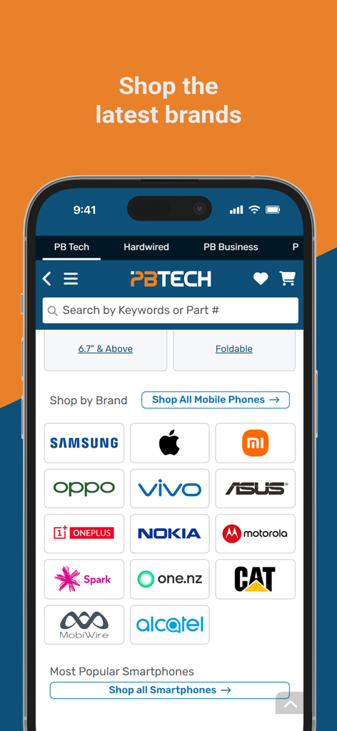 PB Tech - L'interface de l'application mobile PB Tech affiche une liste de marques de smartphones populaires comme Samsung et Apple.