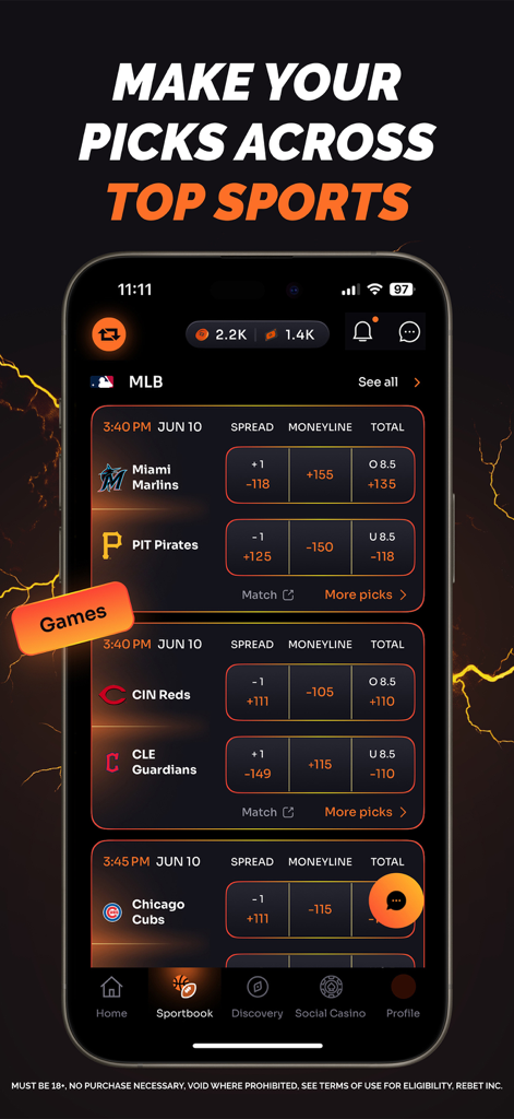ReBet: Social Sports & Casino - Interface of the Rebet social sportsbook app showing MLB betting lines and odds for sports picks.