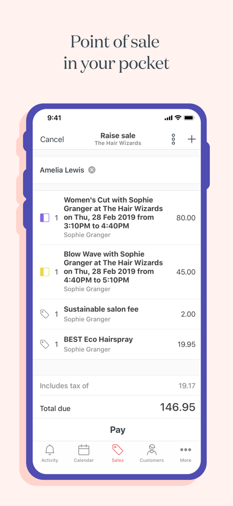Timely – Bookings & payments - A mobile point of sale screen in the Timely app displaying a salon checkout with hair services and products total