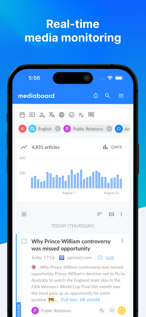 Mediaboard: Media Intelligence - 기사 분석 차트와 뉴스 피드가 있는 실시간 미디어 모니터링 대시보드를 보여주는 미디어보드 앱 인터페이스.