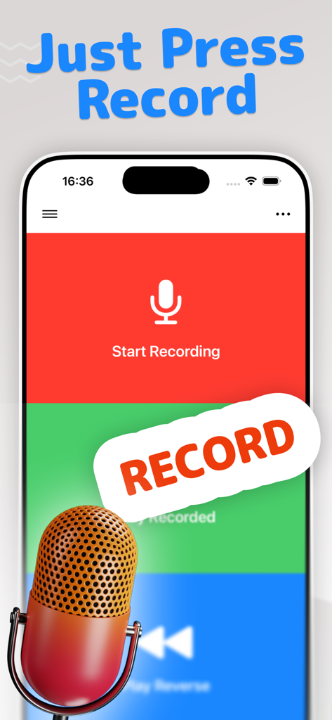 Reverse Singing & Audio - A smartphone showing the recording screen of the Reverse Singing app with a prominent record button and microphone icon.