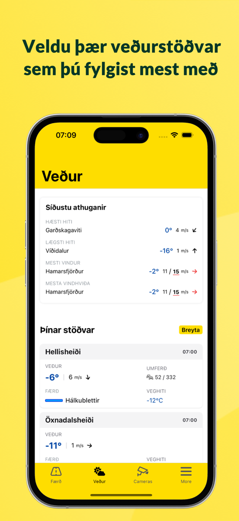 Færð og Veður - Interface de l'application mobile Færð og Veður montrant les conditions météorologiques et routières en temps réel pour divers endroits en Islande.