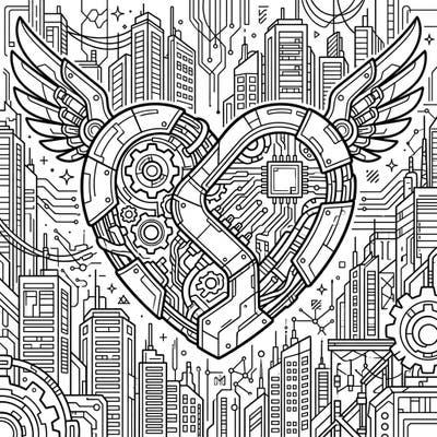 Explore a unique blend of romance and technology with this intricate Cyberpunk Cupid's Heart coloring page. This stunning design features mechanical wings and circuit board details set against a futuristic cityscape, perfect for adult and teen colorists.