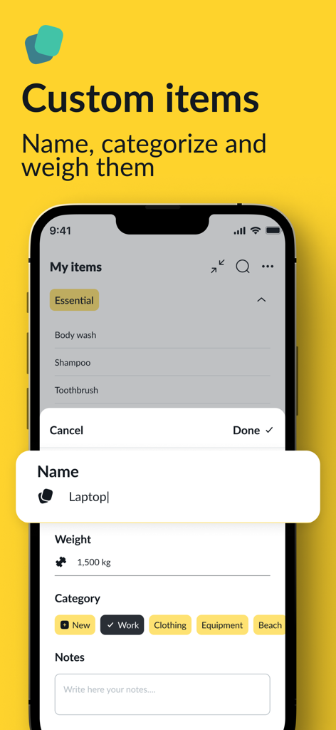 Pak - Travel Packing Checklist - Interfaz de la aplicación Pak que muestra cómo nombrar, categorizar y pesar artículos personalizados como un portátil para una lista de equipaje de viaje
