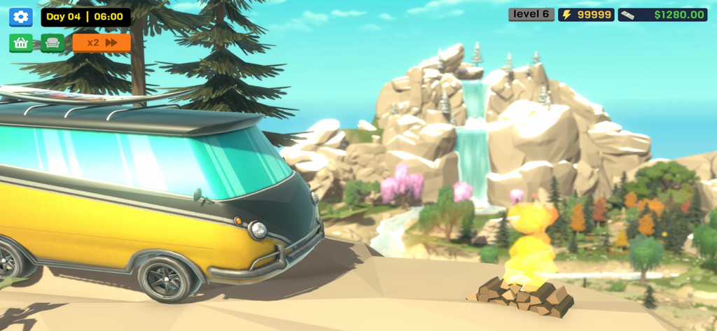 RV Camper Escape the Mountains - Ein gelbes Wohnmobil, das auf einem Bergrücken mit einem Lagerfeuer und einem malerischen Wasserfall im Hintergrund geparkt ist