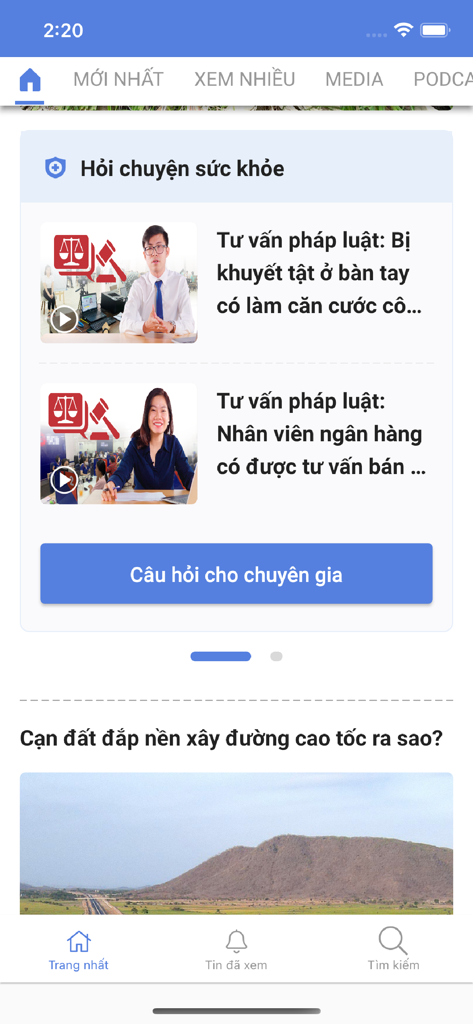 Tuoi Tre Online news app interface featuring legal advice videos and Vietnamese news articles