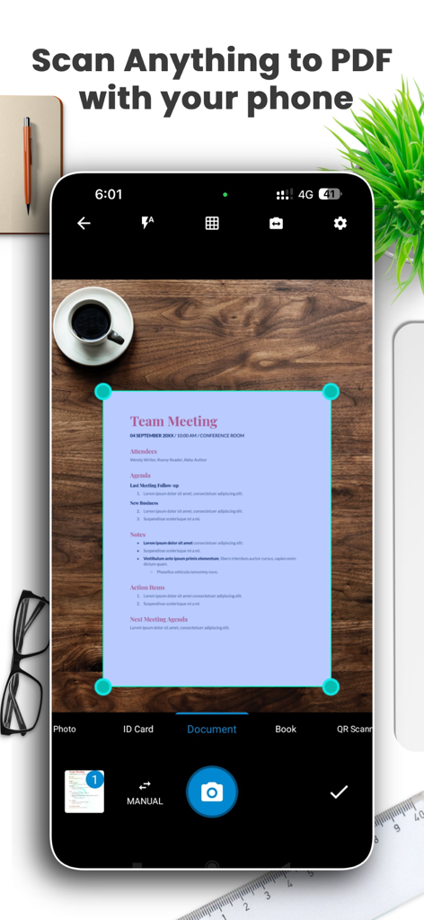 Document Scanner by Lufick - Document scanner app interface showing a smartphone scanning a meeting agenda on a wooden desk.