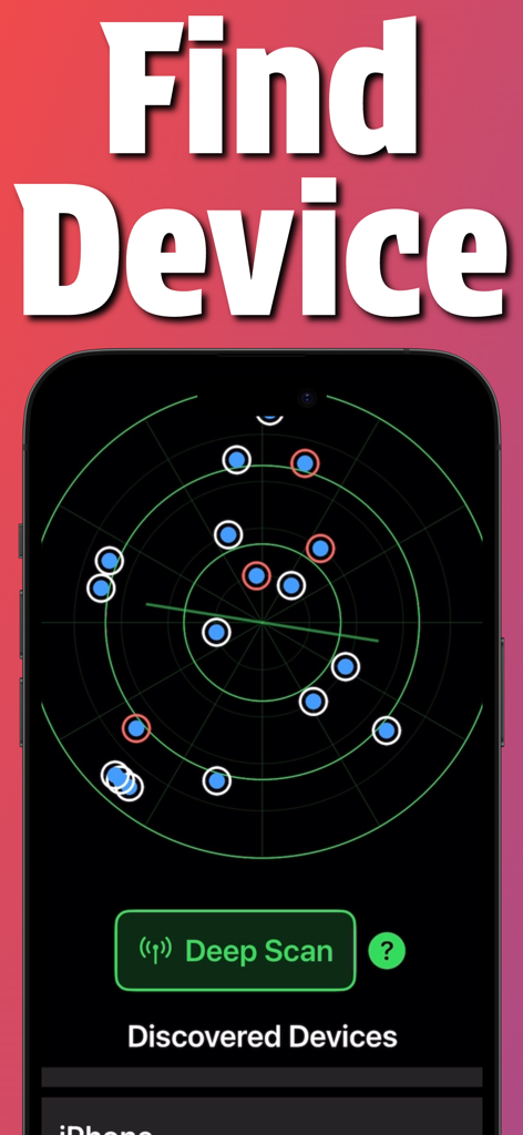 Find My Device Scanner - Find My Device Scanner app radar screen showing nearby bluetooth devices and deep scan button