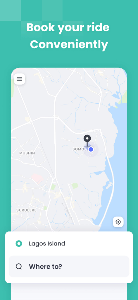 Lagride - Lagride app interface showing a map with a pickup location at Lagos Island and a search bar for the destination.