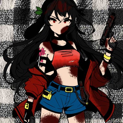 bad girl wearing crop top holding a gun long hair anime