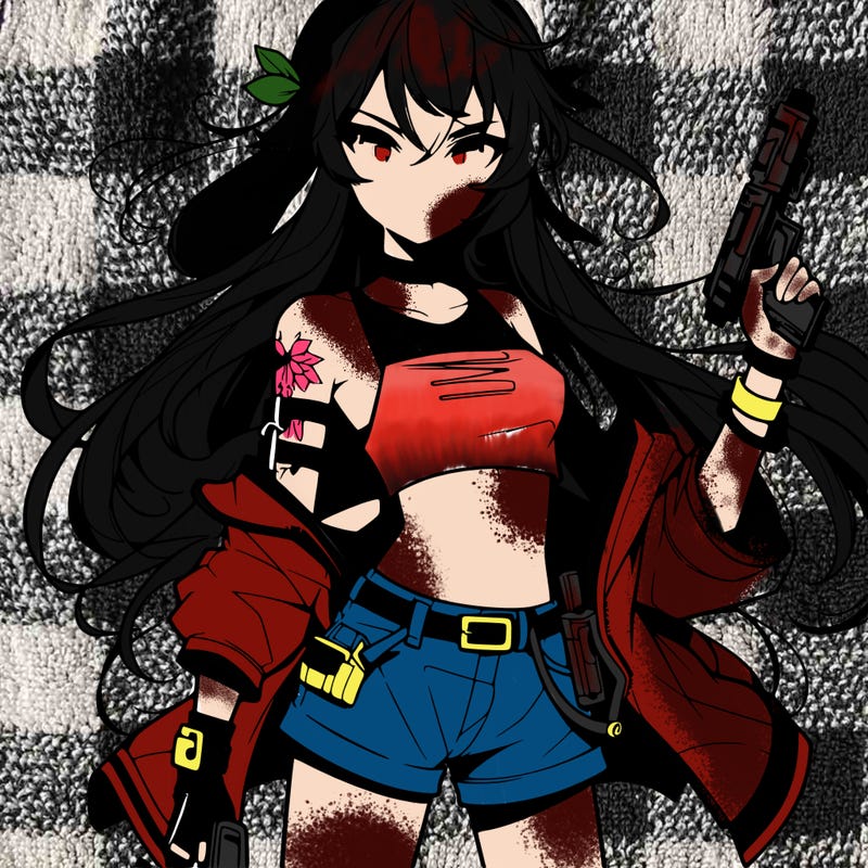bad girl wearing crop top holding a gun long hair anime