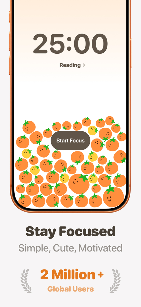 FocusPomo app screenshot showing a minimalist Pomodoro timer with cute tomato illustrations and a Start Focus button