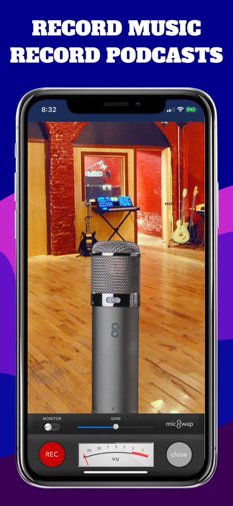 Interface do aplicativo MicSwap MultiTrack Pro para gravação de música e podcasts com modelagem de microfones profissionais.