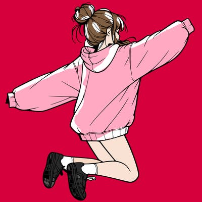 realistic girl jumping with a bun and oversized sweatshirt