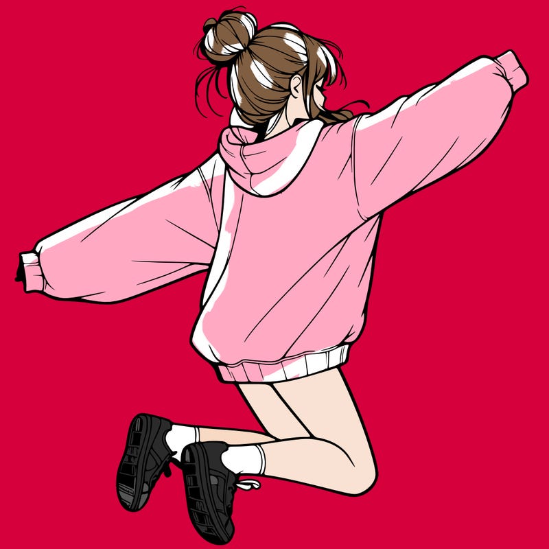 realistic girl jumping with a bun and oversized sweatshirt