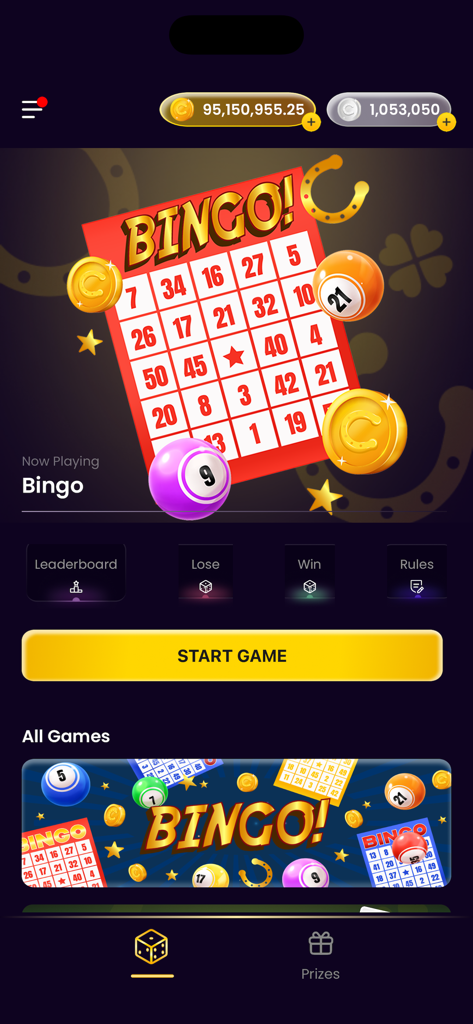 Interfaz de la aplicación Chance que muestra la pantalla de selección del juego de Bingo con saldos de monedas virtuales y un botón para iniciar el juego.