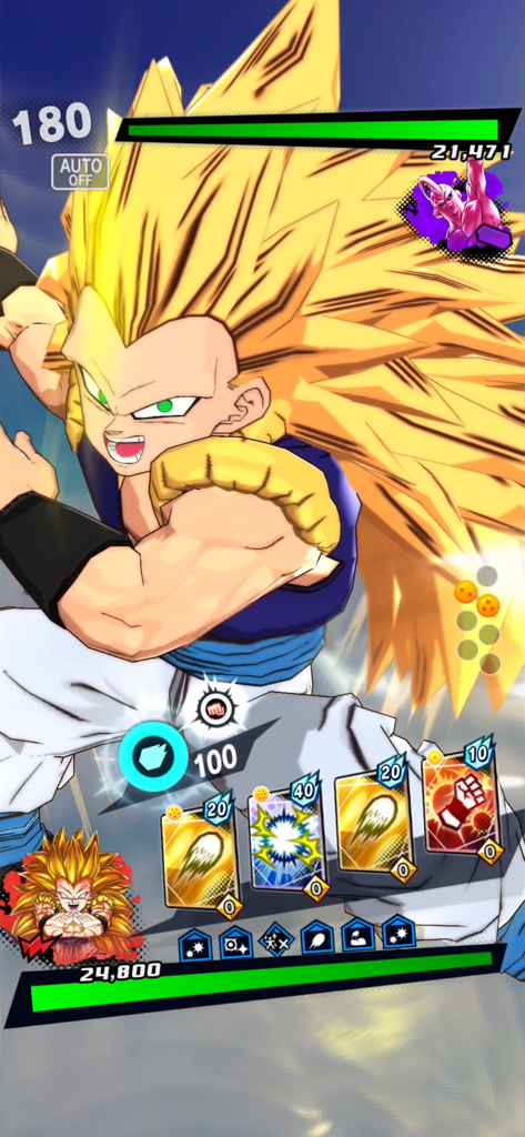 DRAGON BALL LEGENDS - 드래곤볼 레전즈 모바일 게임 전투에 슈퍼 사이어인 3 갓텐크스와 카드 기반 UI가 표시됨.