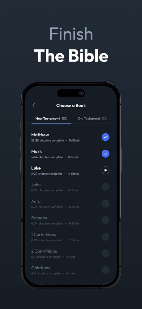 Interface of the Bedtime Bible app showing progress tracking for finishing books of the New Testament