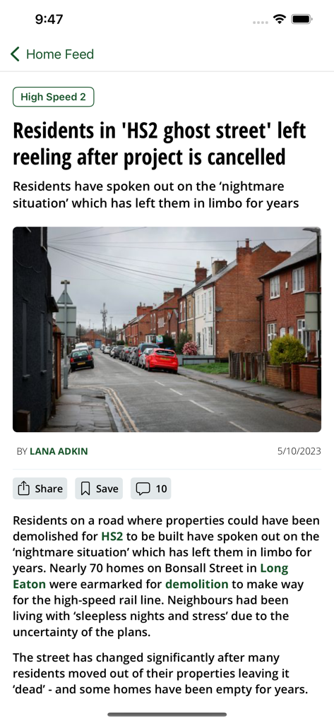 Screenshot eines Nachrichtenartikels über die Annullierung des HS2-Projekts in der Nottinghamshire Live App